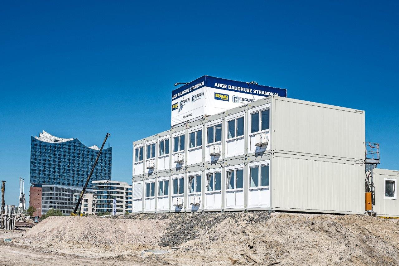 ELA Container - Werkstatt- und Lagercontainer Grossbaustelle in Hamburg schräge Ansicht